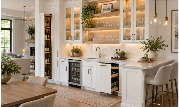 Designing a Stylish Home Bar With White Cabinets and Functional Storage Solutions